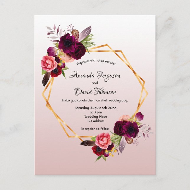 Dusty rose burgundy florals wedding invitation postcard (Front)
