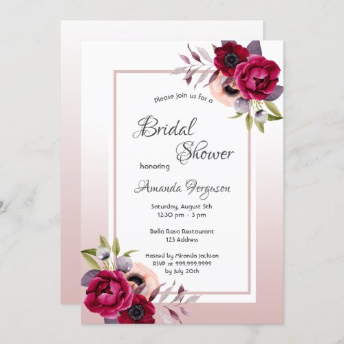 Dusty rose burgundy florals white bridal shower invitation