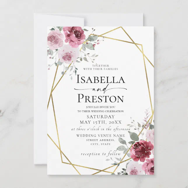 Dusty Rose Burgundy Gold Floral Wedding Invitation | Zazzle