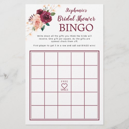 Dusty Rose Burgundy Roses Bridal Shower Bingo Game