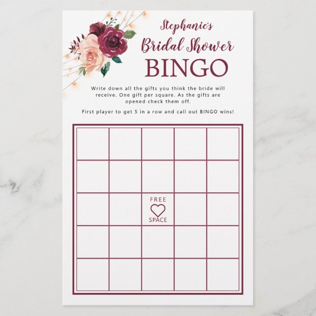 Dusty Rose Burgundy Roses Bridal Shower Bingo Game (Front)