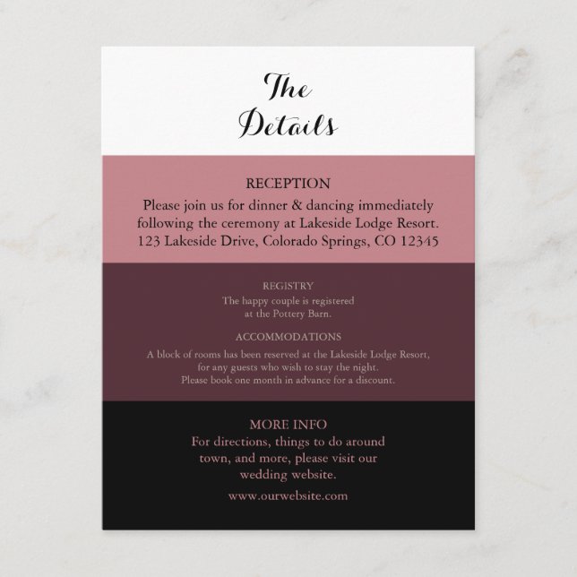 Dusty Rose Burgundy Wedding Details Card (Front)