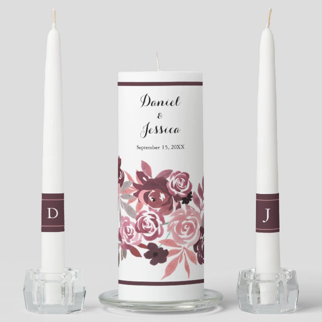 Dusty Rose Burgundy Wedding Unity Candle Set (Front)