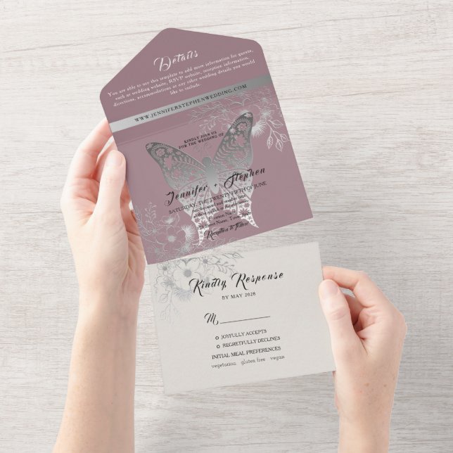 Dusty Rose Butterfly Wedding Invitation (Tearaway)