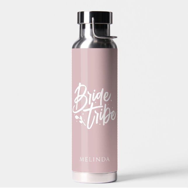 Dusty Rose Calligraphy Bride Tribe Bachelorette Water Bottle (Left)