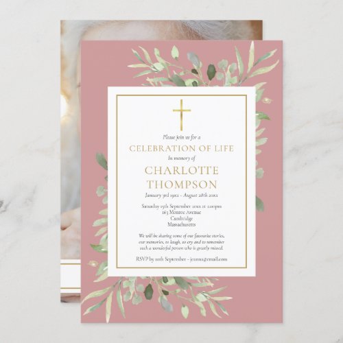 Dusty Rose Celebration of Life Funeral Photo Invitation