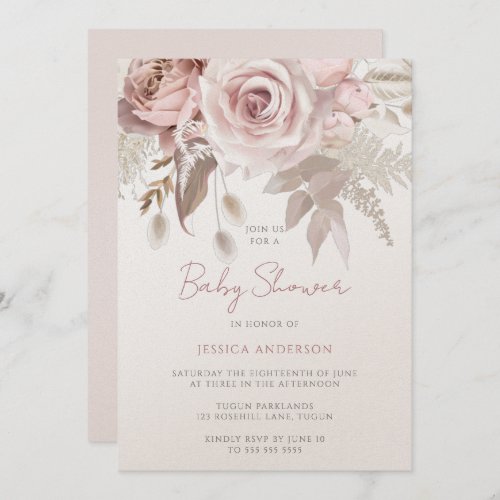 Dusty Rose Champagne Shimmer Blush Baby Shower Invitation