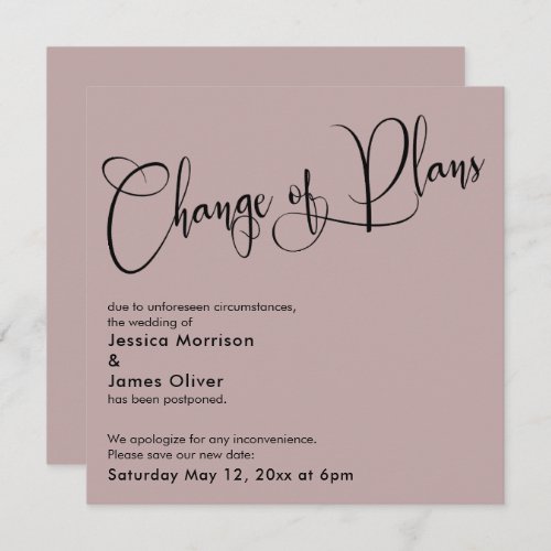 Dusty Rose Change of Plans Postponed Wedding Card