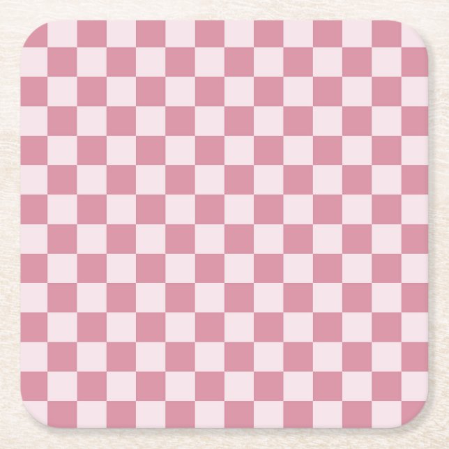 Dusty rose checkerboard pattern square paper coaster (Front)