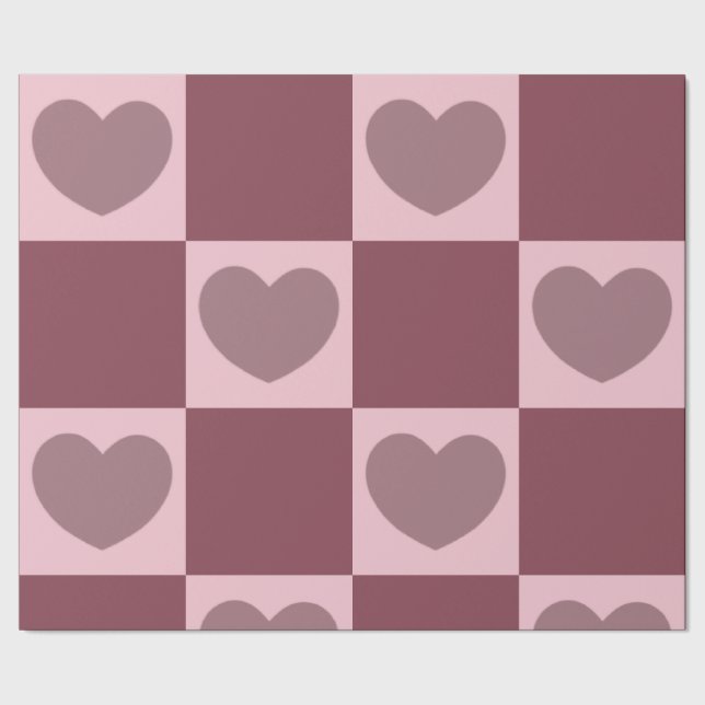 Dusty Rose Checkered Hearts Wrapping Paper (Seam)