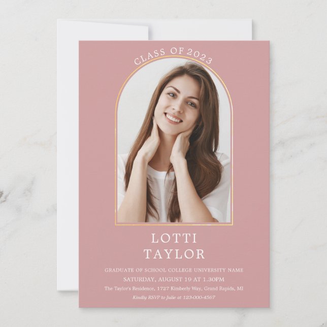 Dusty Rose Chic Gold Arch Photo Graduation Party I Invitation (Front)