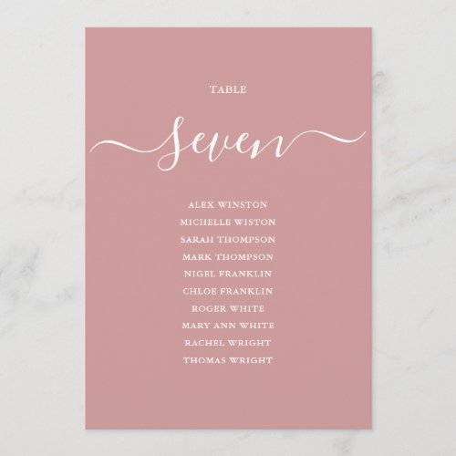 Dusty Rose Chic Script Table Number Seating Chart