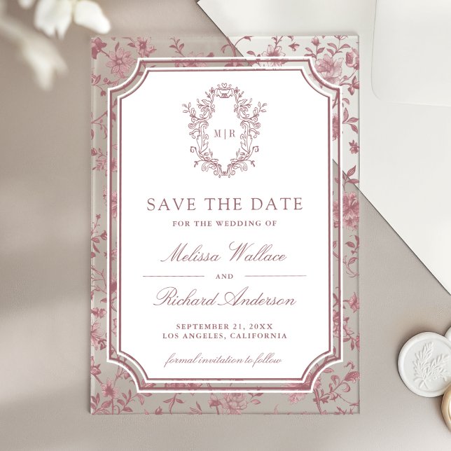 Dusty Rose Chinoiserie Crest Wedding Save the Date (Creator Uploaded)