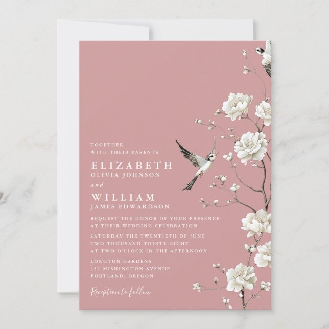 Dusty Rose Chinoiserie Floral All In One Wedding Invitation (Front)