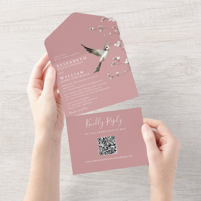 Dusty Rose Chinoiserie Floral QR Code Wedding All In One Invitation (Tearaway)