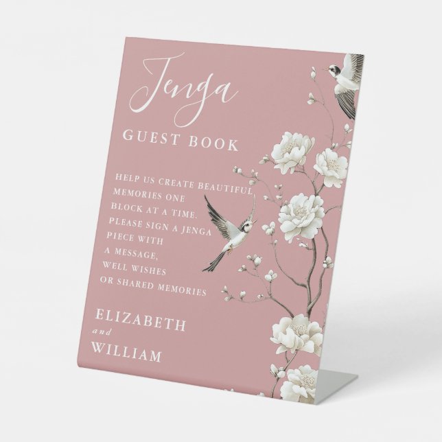 Dusty Rose Chinoiserie Jenga Guest Book Wedding Pedestal Sign (Front)