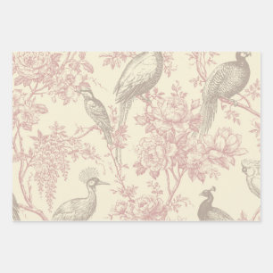 Dusty Rose Chinoiserie Peacock Aviary Floral Toile Wrapping Paper Sheets