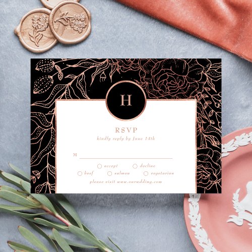 Dusty Rose Classic Gold Monogram Wreath Wedding RSVP Card
