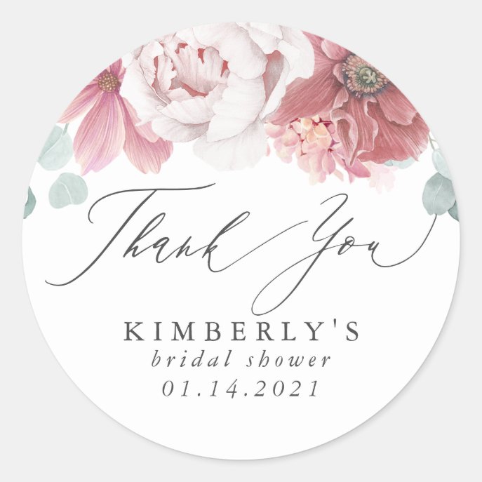 Dusty Rose Color Floral Thank You Classic Round Sticker