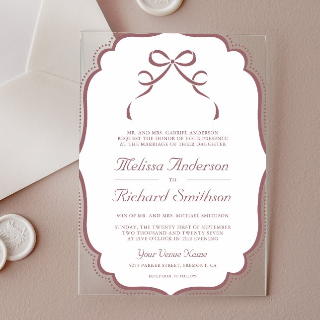 Dusty Rose Coquette Bow Wedding Acrylic Invitations (Creator Uploaded)