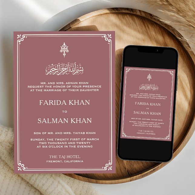 Dusty Rose Cream Border Islamic Wedding Invitation (Creator Uploaded)