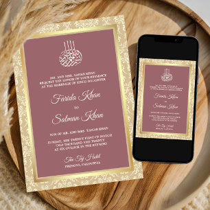 Dusty Rose Cream Damask Islamic Muslim Wedding Invitation