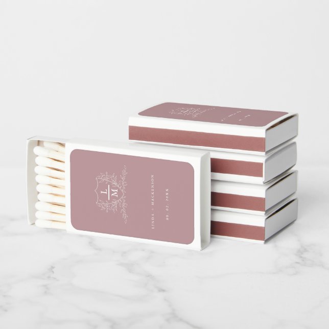 Dusty rose Crest Monogram Wedding Favors Matchboxes (Stacked)
