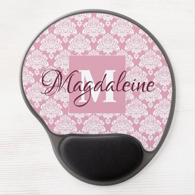 Dusty Rose Damask Gel Mouse Pad w/ Monogram & Name (Front)