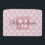 Dusty Rose Damask iPad Cover with Monogram & Name<br><div class="desc">This beautiful iPad case features a classic white damask pattern over a dusty rose background. The design is personalized with a monogram initial letter as well as a customizable name. Perfect for work or school,  or any woman who wants a pretty feminine case with a simple yet elegant design.</div>