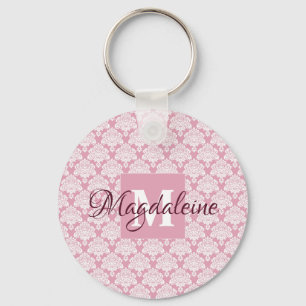 Dusty Rose Damask Lace Pattern Monogram & Name Keychain