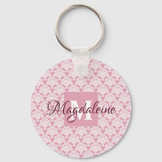 Dusty Rose Damask Lace Pattern Monogram & Name Keychain (Front)