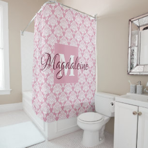 Dusty Rose Damask Monogrammed Shower Curtain