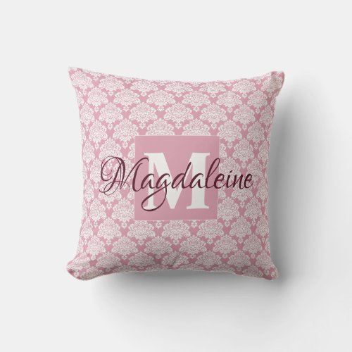 Dusty Rose Damask Pillow with Monogram  Name