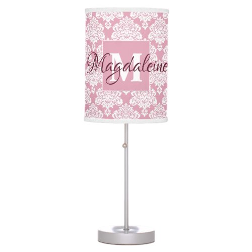 Dusty Rose Damask Table Lamp with Monogram  Name
