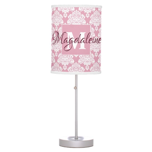 Dusty Rose Damask Table Lamp with Monogram & Name (Front)
