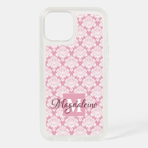 Dusty Rose Damask with Monogram and Name iPhone 15 Case