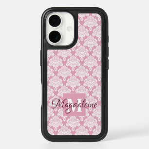 Dusty Rose Damask with Monogram and Name iPhone 16 Case