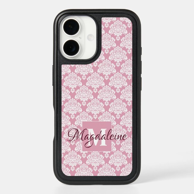 Dusty Rose Damask with Monogram and Name Otterbox iPhone Case (Back)