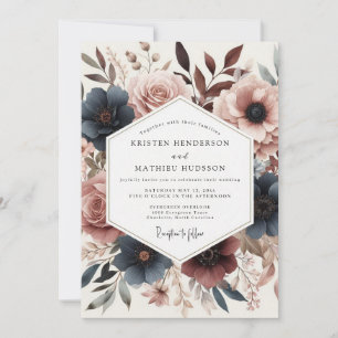 Dusty Rose Deep Teal Bloom Wedding Invitation