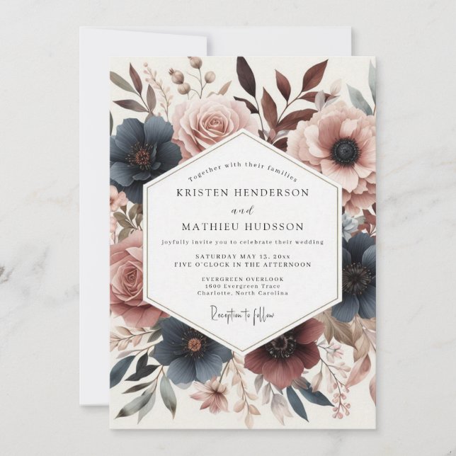 Dusty Rose Deep Teal Bloom Wedding Invitation (Front)