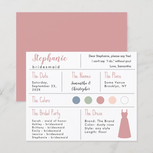 Dusty Rose Dress Color Bridesmaid Information Card (Front/Back)