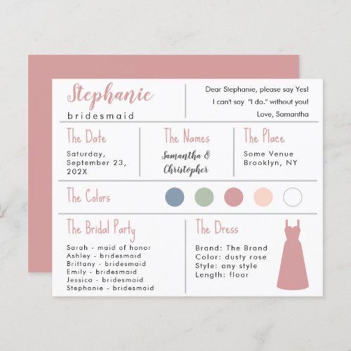 Dusty Rose Dress Color Bridesmaid Information Card