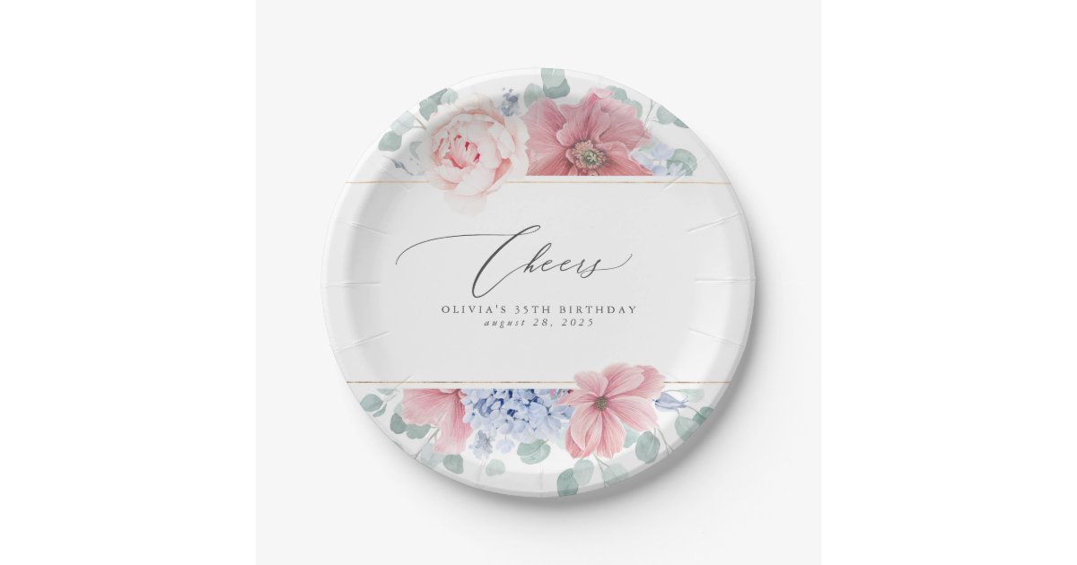 Dusty Rose Dusty Blue Floral Elegant Botanical Paper Plates | Zazzle