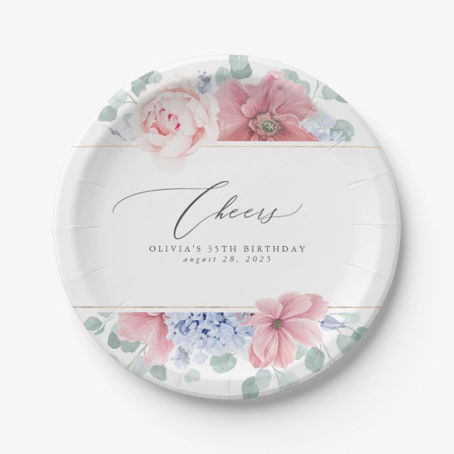 Dusty Rose Dusty Blue Floral Elegant Botanical Paper Plates (Front)
