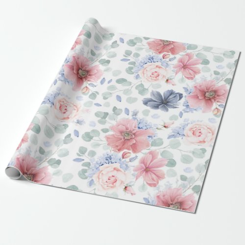 Dusty Rose Dusty Blue Floral Pattern Elegant Wrapping Paper
