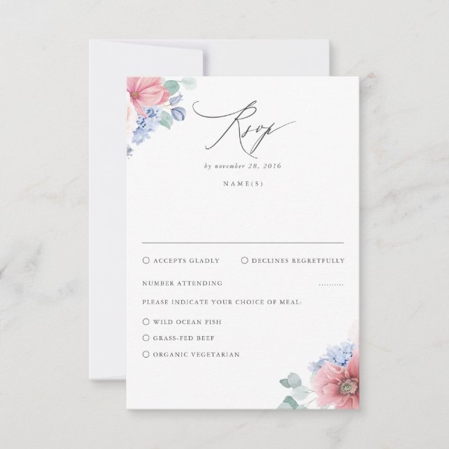 Dusty Rose Dusty Blue Floral Wedding RSVP (Front)