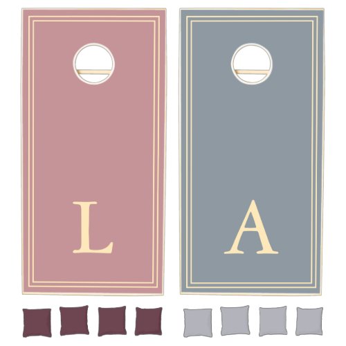 Dusty Rose Dusty Blue Gray and Gold Initials Cornhole Set
