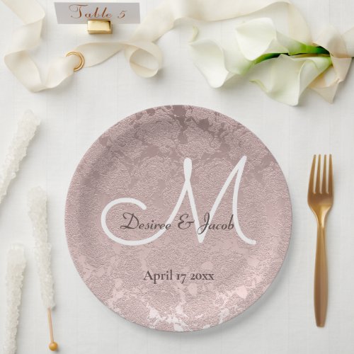 Dusty Rose Dusty Pink White Brown Wedding Monogram Paper Plates