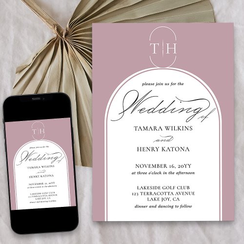 Dusty Rose Elegant Calligraphy Monogrammed Wedding Invitation