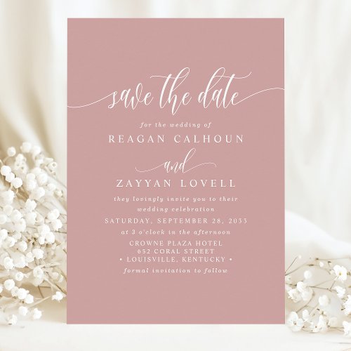 Dusty Rose Elegant Calligraphy Save The Date